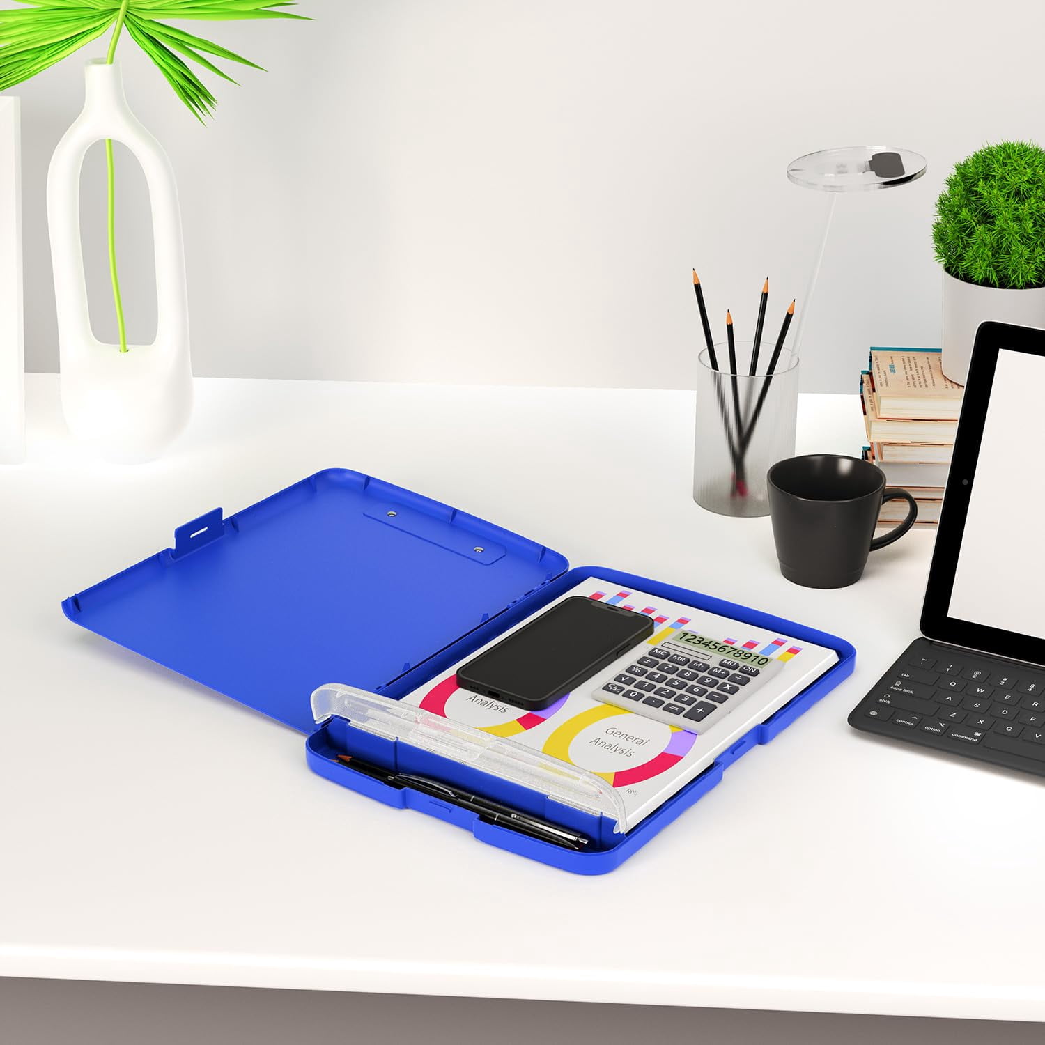 Clipboard With Storage  8.5 X 11 Organization Box Pen Holder And A4 Legal Paper Folder Heavy Duty Plastic Folio & Side-opening Low Profile Clip For Teachers Deep Lake Blue