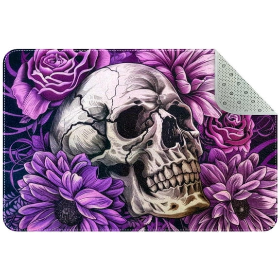 PhooArto Doormat Custom Indoor Welcome Door Mat, Purple Flower and Skull Home Decorative Entry Rug Garden/Kitchen/Bedroom Mat Non-Slip Rubber 24x16in
