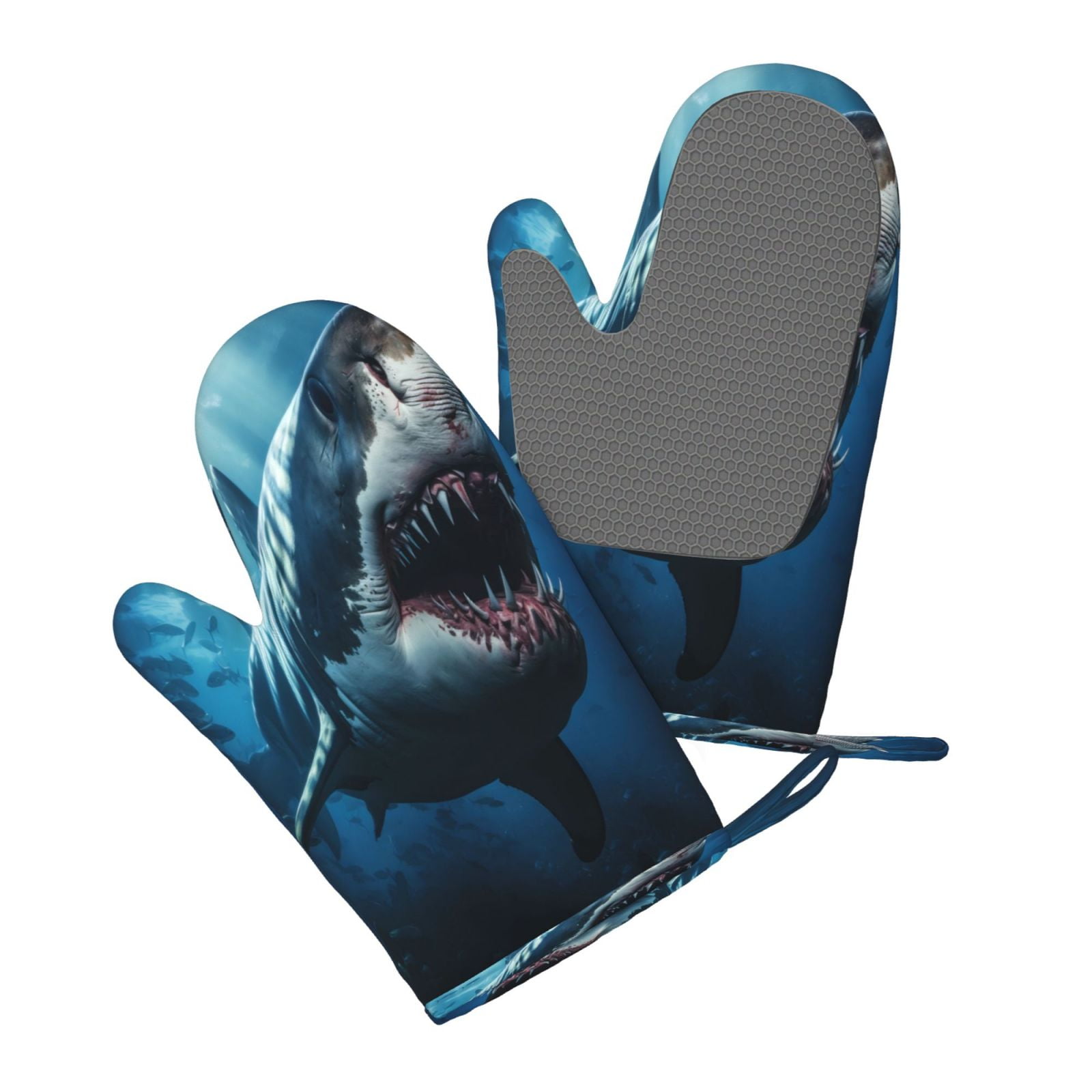 Hirioo 3D Realistic Shark for Silicone Oven Mitts for BBQ, Baking, Cooking, Set of 2, Heat Resistant 260℃, Non-Slip Kitchen Essentials