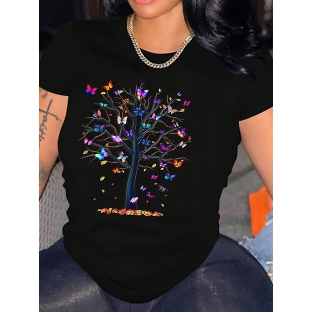 Colorful Butterfly Tree Print Sports T-shirt, Fashion Short Sleeve Round Neck Casual Top, Women's Activewear