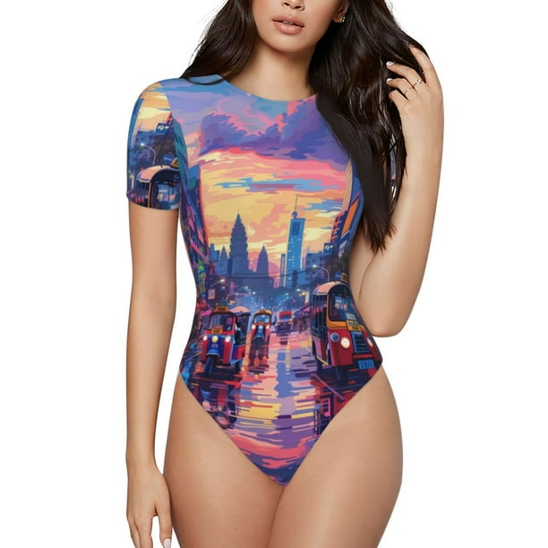 Fotbe Taxi Colorful Town Body de Mujer con Cuello Redondo y Mangas Cortas, Sin Mangas Ajustado, Suave, Cómodo y Básico-Large