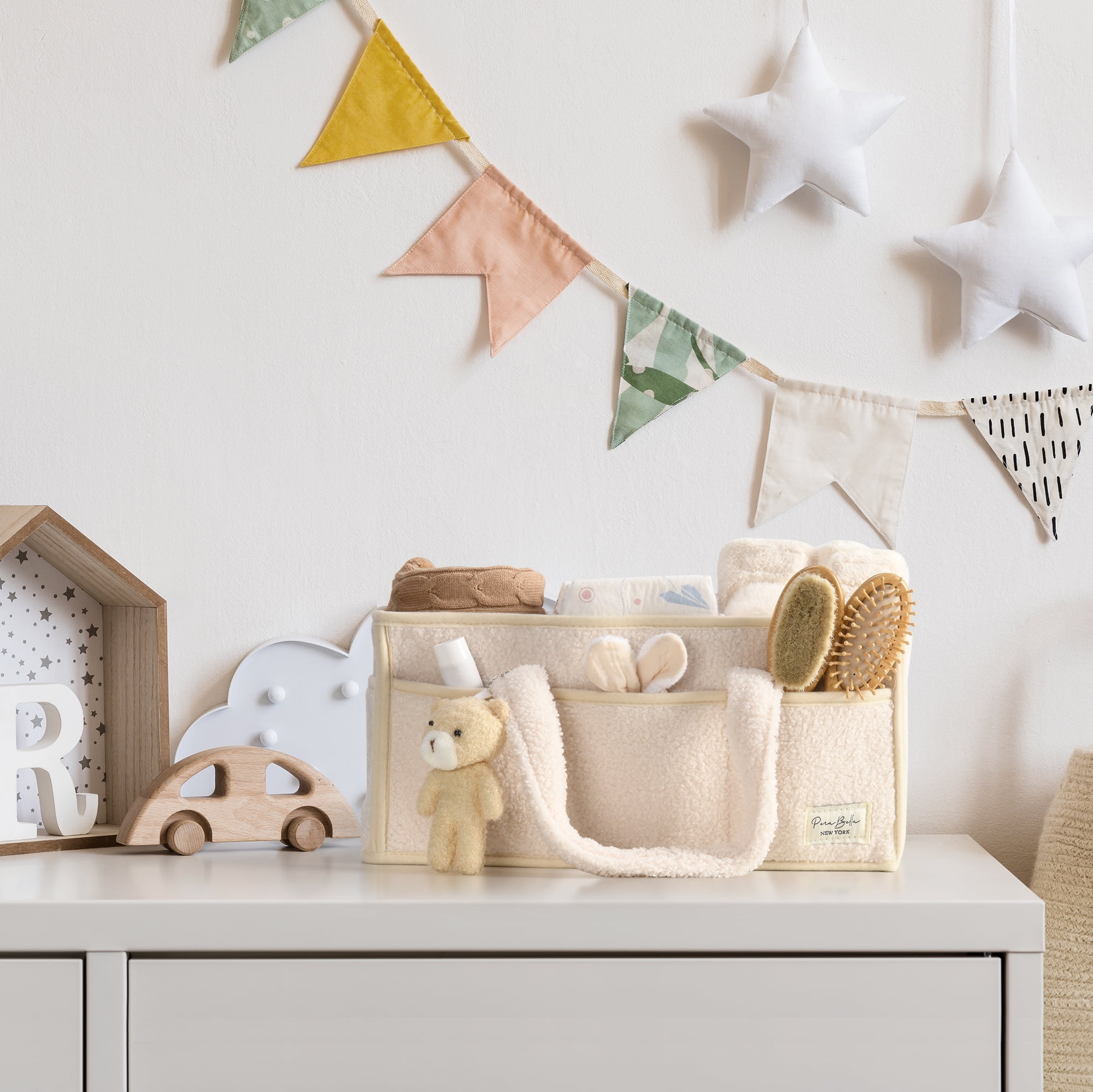 Plush Sherpa Baby Diaper Caddy Organizer, Portable Nursery Storage Basket with Teddy Bear Charm, Multi‑Compartment Changing Table Organizer for Newborn Essentials, Unisex Baby Shower Gift