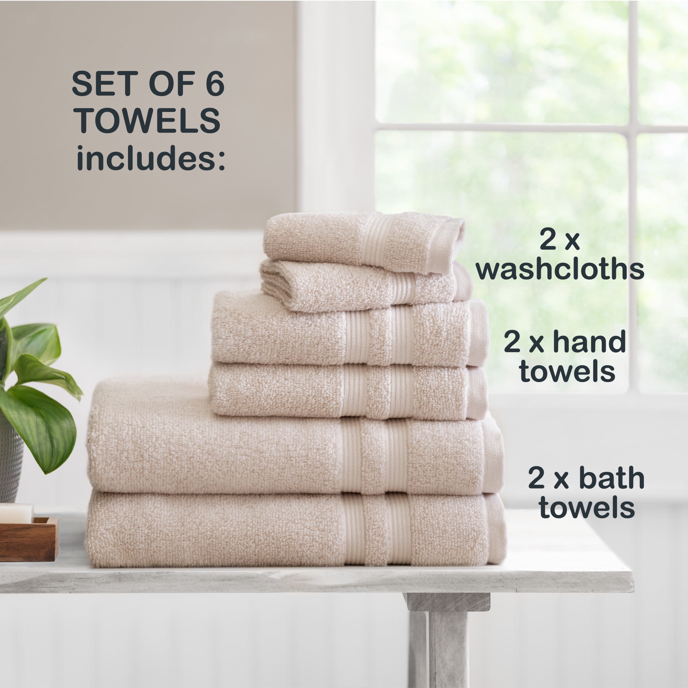 Mainstays Performance Cotton 6-Piece Bath Towel Set, Super Soft Quick Dry Fade Resistant, Solid Beige