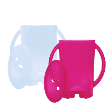 Squeeze Proof Flipping Holder DELUXE with lid 2-Pack for Food Pouches & Juice Boxes (Pink & White) - Multipurpose Design with Cover - Prevent Messes & Support Self-Feeding - Handles