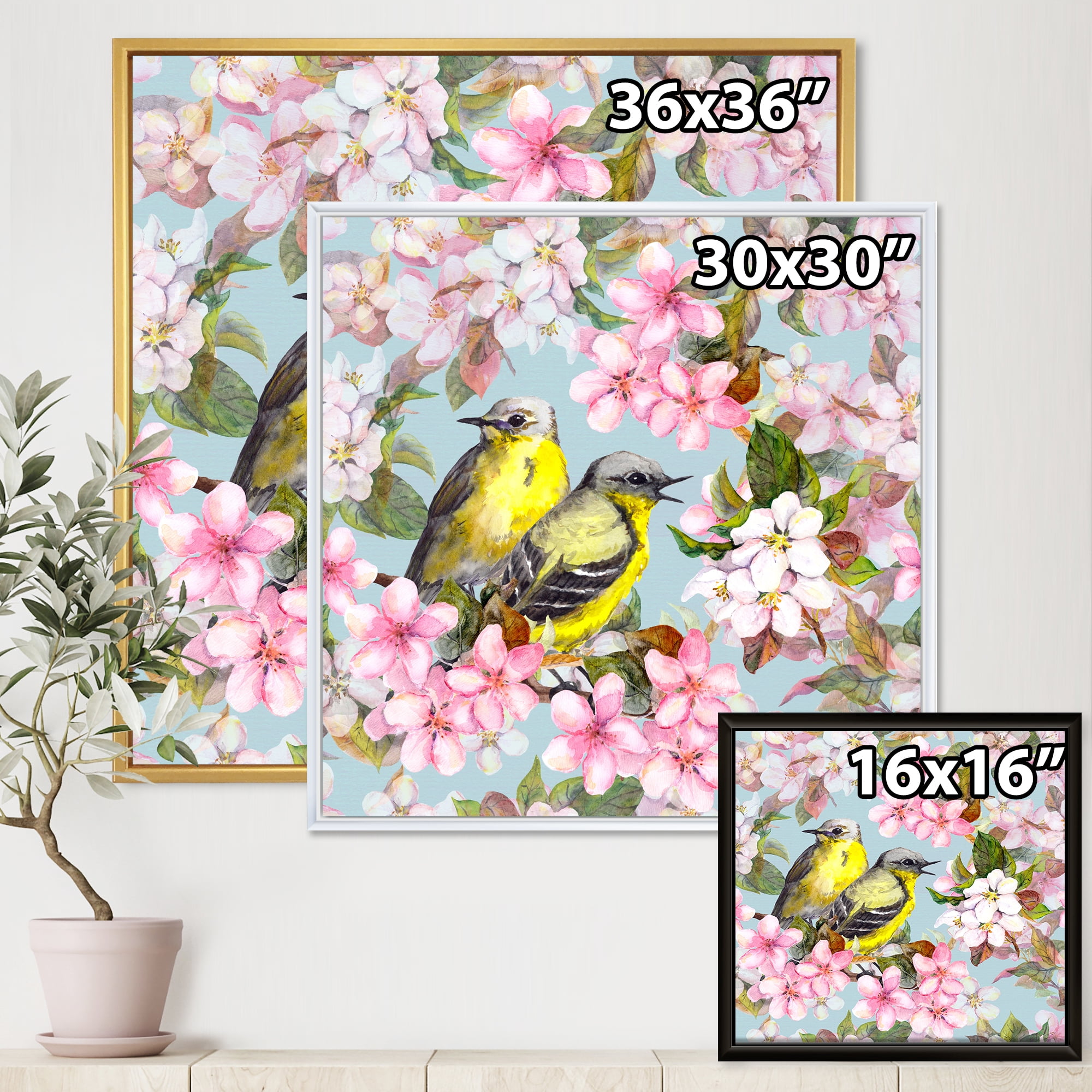 Designart 'Birds On Pink Cherry Sakura and Apple Flowers II' Traditional Framed Canvas Wall Art Print
