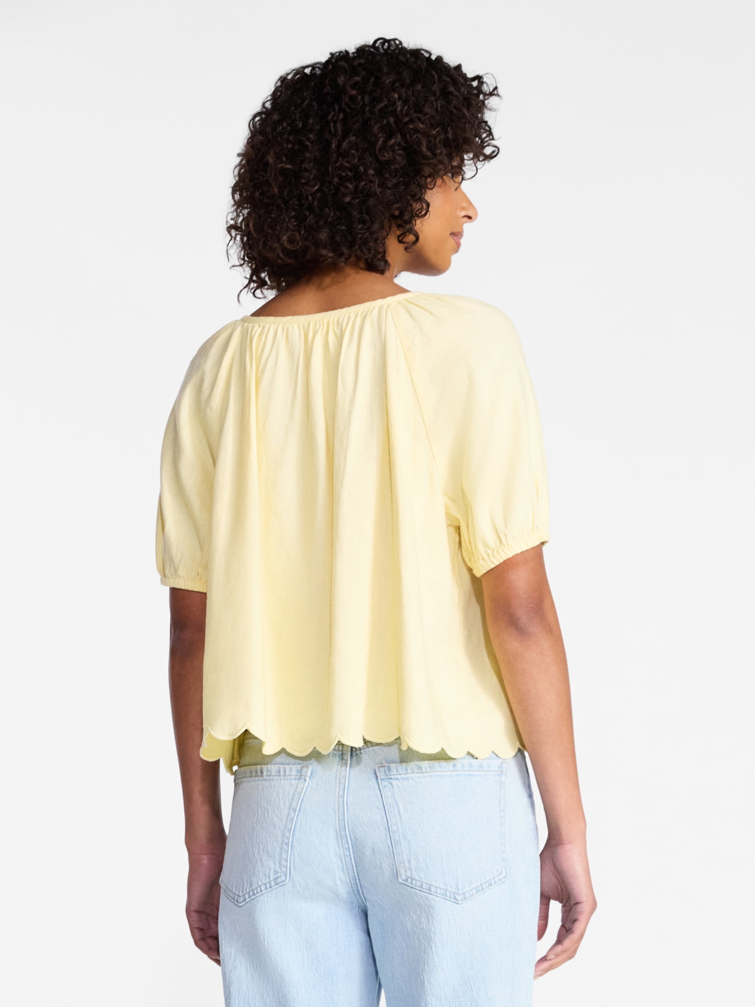 Time and Tru Women's Linen Blend Blouse with Scalloped Hem, Sizes XS-XXXL