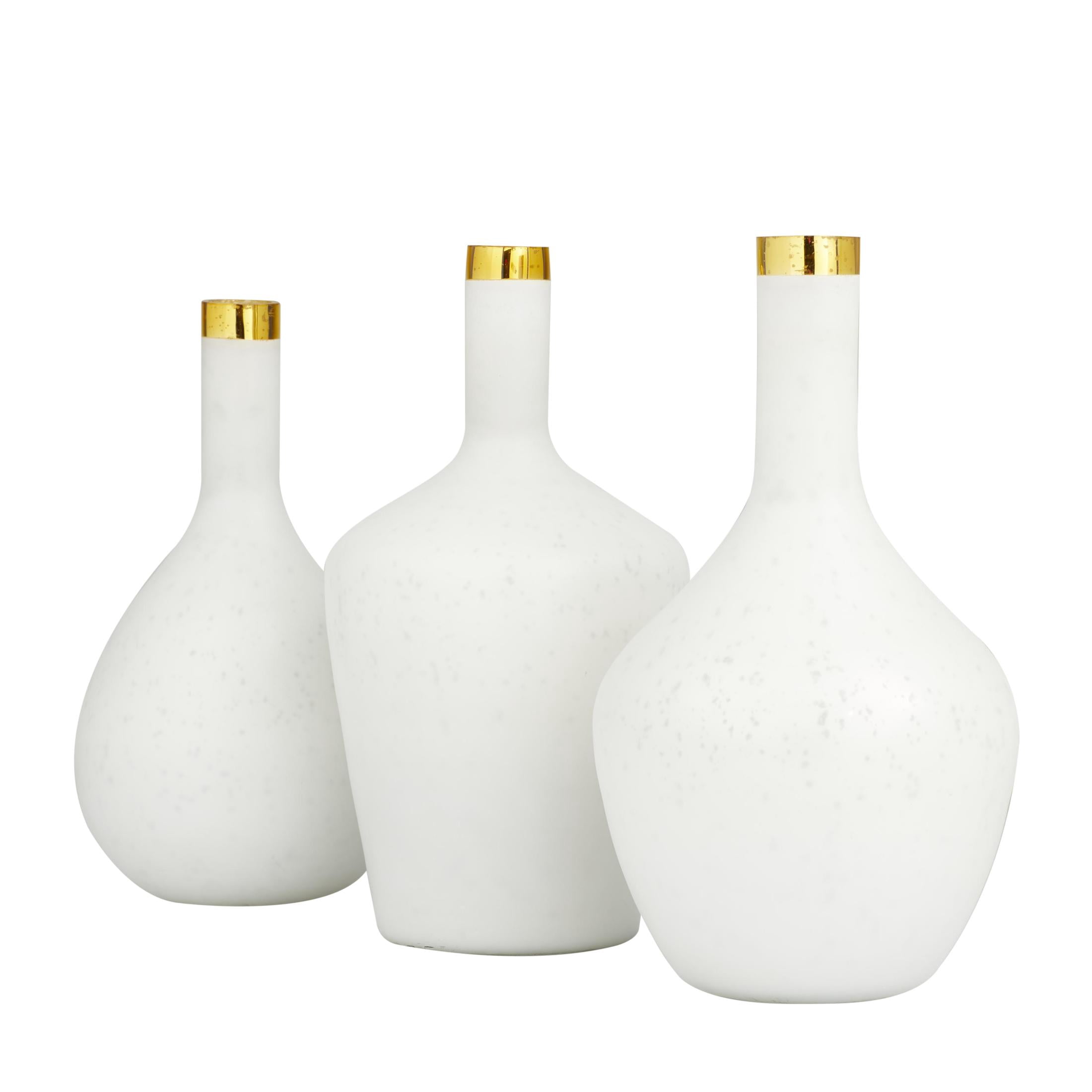 DecMode 13", 14", 13"H White Glass Vase with Gold Rim, Set of 3