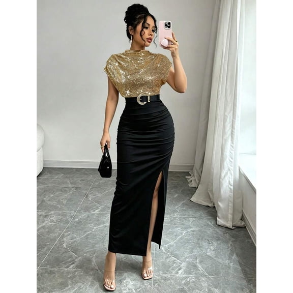 Elegant Black And Gold Sleeveless Sequin Top With Ruched Maxi Skirt Dress For Party Date Banquet