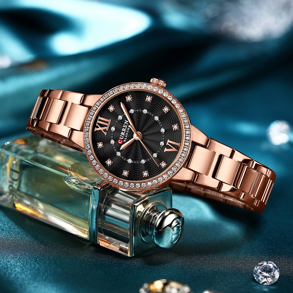 CURREN Luxury Quartz Watch For Women Rose Dial Fashion Rhinestones Wristwatch Stainless Steel Women's Watches Original Brand