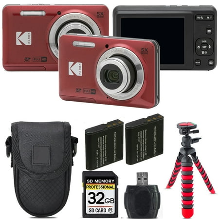Kodak PIXPRO FZ55 Digital Camera (Red) + Extra Battery +Tripod + Case -32GB Kit
