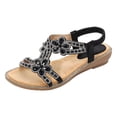 thumbnail image 4 of Women's Wedge Sandals Elastic T-Strap Beaded Flower Rhinestone Flat Sandals Comfortable Dress Beach Shoes Black Size 9.5, 4 of 5