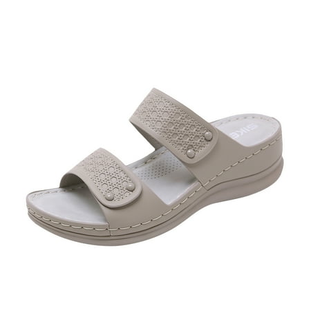 

JeashCHAT Clearance Slip On Slide Sandals for Women New Thick Soled Round Toe Slope Heel Sandals For Women s Hollow Casual Sandals (Khaki)