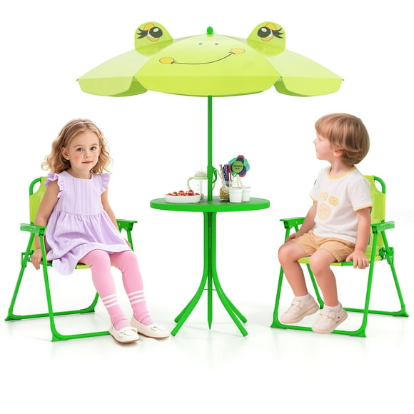 Gymax Kids Picnic Table & Chair Set w/ 2 Folding Chairs & Height Adjustable Umbrella
