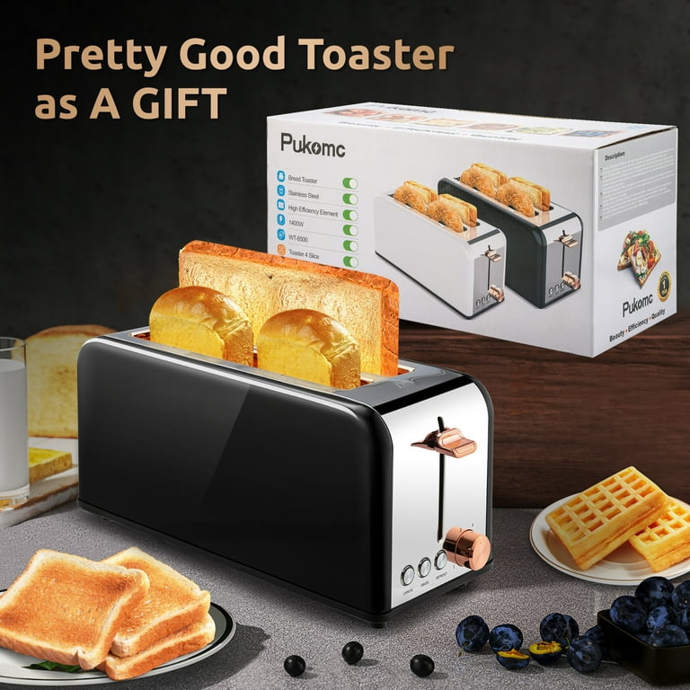 4 Slice Toaster Stainless Steel, Long Slot Wide Toaster, 6 Toast