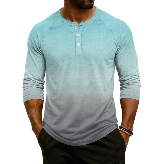 Domuza Summer Breathable Casual, Men's 3/4 Sleeve Gradient Raglan Henley Shirt Light Blue S