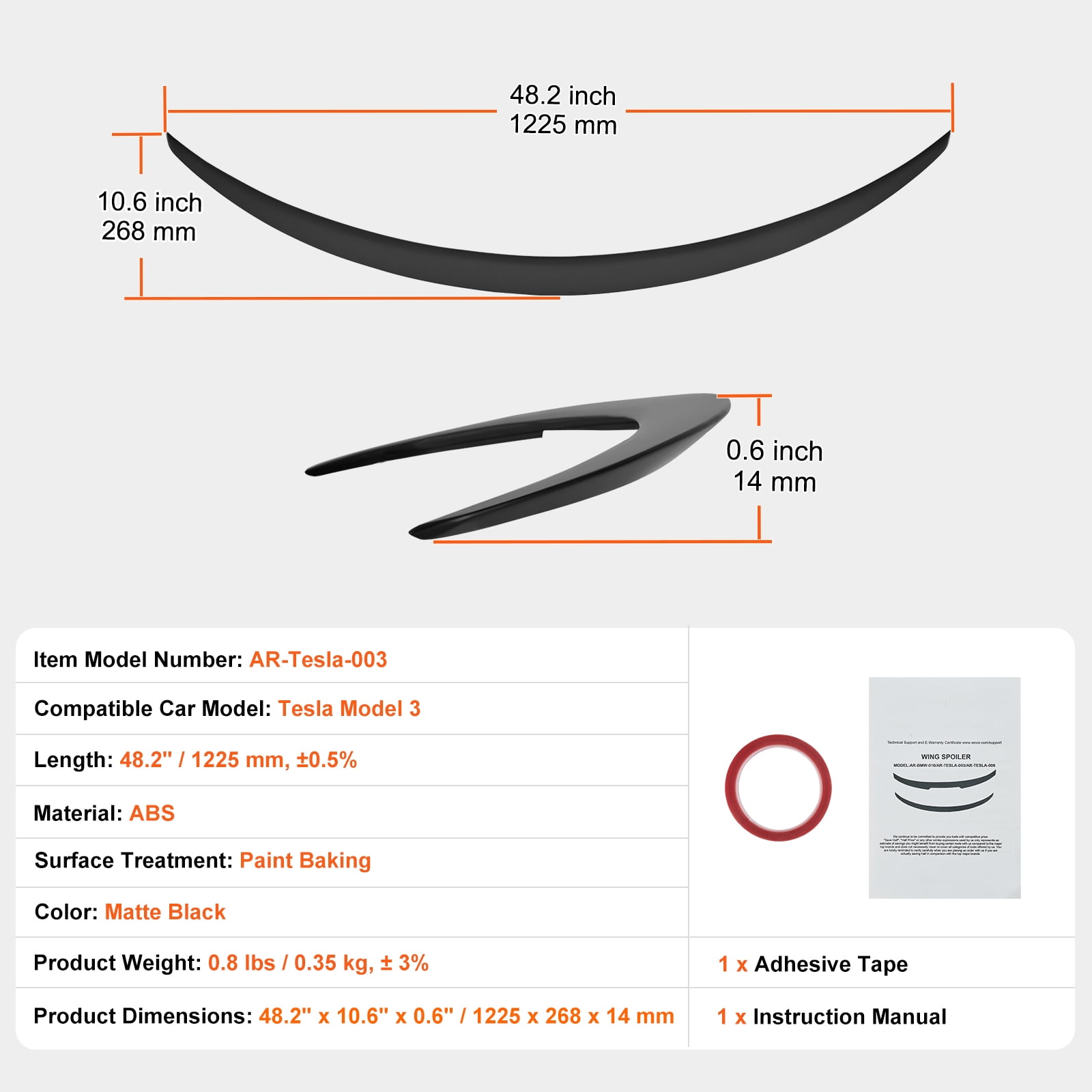 KFFKFF Rear Spoiler 48.2'' GT Style Trunk Wing Compatible with Tesla Model 3