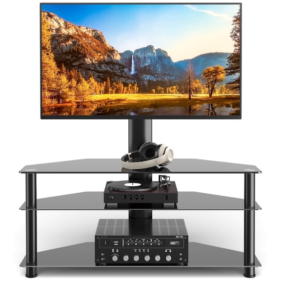 Corner TV Stand with Mount & 3-Tier Tempered Glass Shelves for 32-70 inch TVs, Max VESA 600x400mm