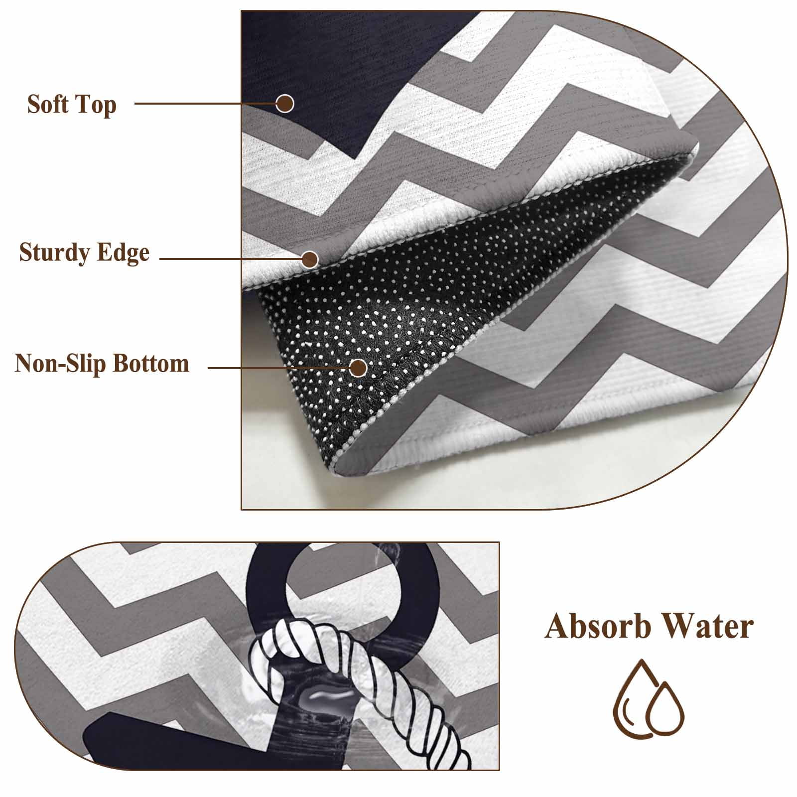 Black Nautical Anchor 2x3 Door Mat Rug, Gray Stripe Modern Wavy Lines Non-Skid Rubber Backing Large Rectangle Rugs - Living Room Bedroom Home Office, Indoor Floor Mat Carpets Washable Rug