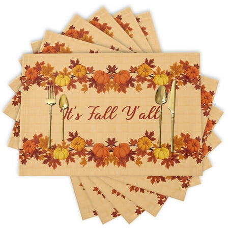 

Thanksgiving Day Pumpkin It s Fall Y all Placemats Set of 6 Durable Placemats for Dining Table Placemat Washable for Kitchen Table Heat-resistand Table Mats