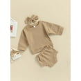 thumbnail image 3 of Qmyliery Baby Girl 3 Pcs Clothes Sets, Casual Solid Color Long Sleeve Round Neck Tops + Elastic Waist Shorts + Headband, 3 of 7