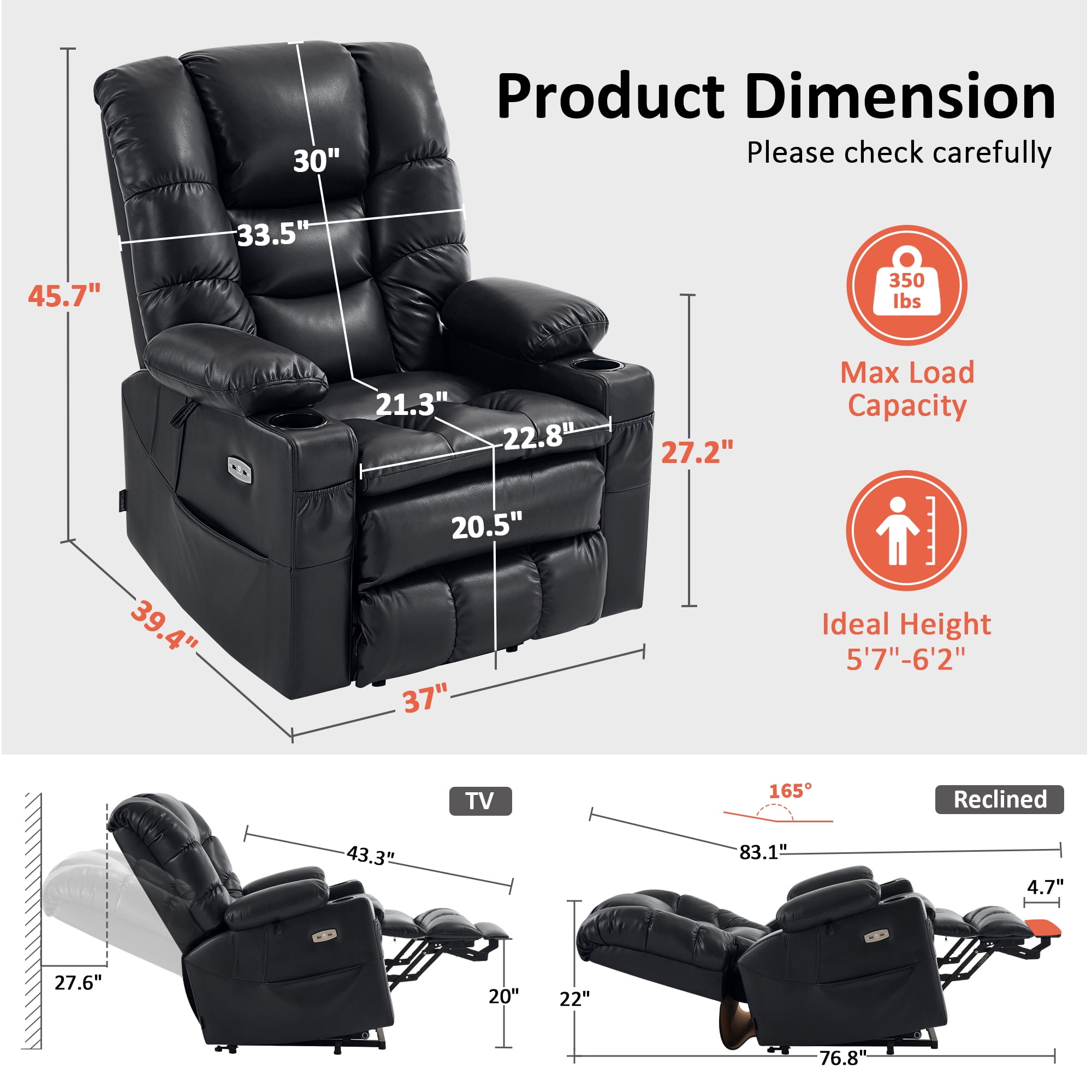 MCombo Large Triple Motor Power Lift Recliner Chair for Tall Elderly, Faux Leather, Black