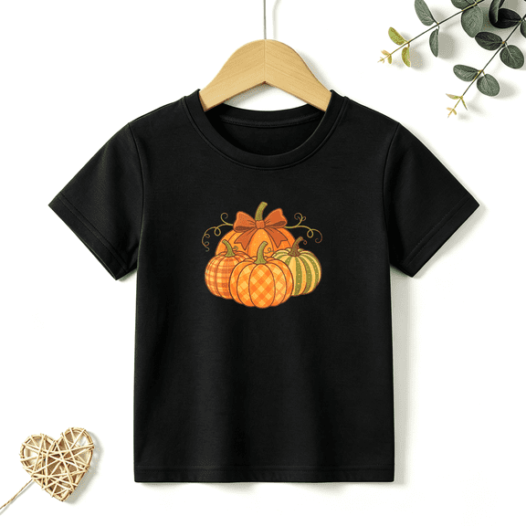 Girls Graphic Tees Plaid Pumpkin Bow Fall Kids T Shirt Thanksgiving 100% Cotton Short Sleeve Soft Tops 4-13Y