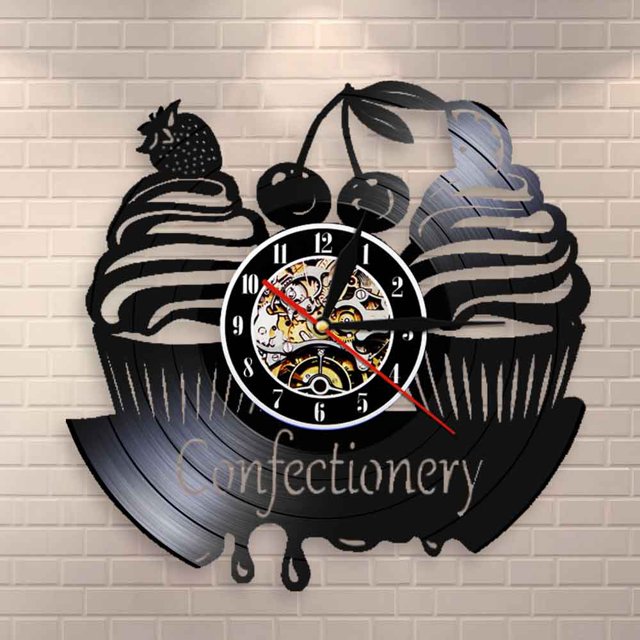 Confectionery Business Wall Sign Modern Wall Clock Sweets Cupcake Vinyl Record Wall Clock Bakery Cherry Cake Decorative Clock