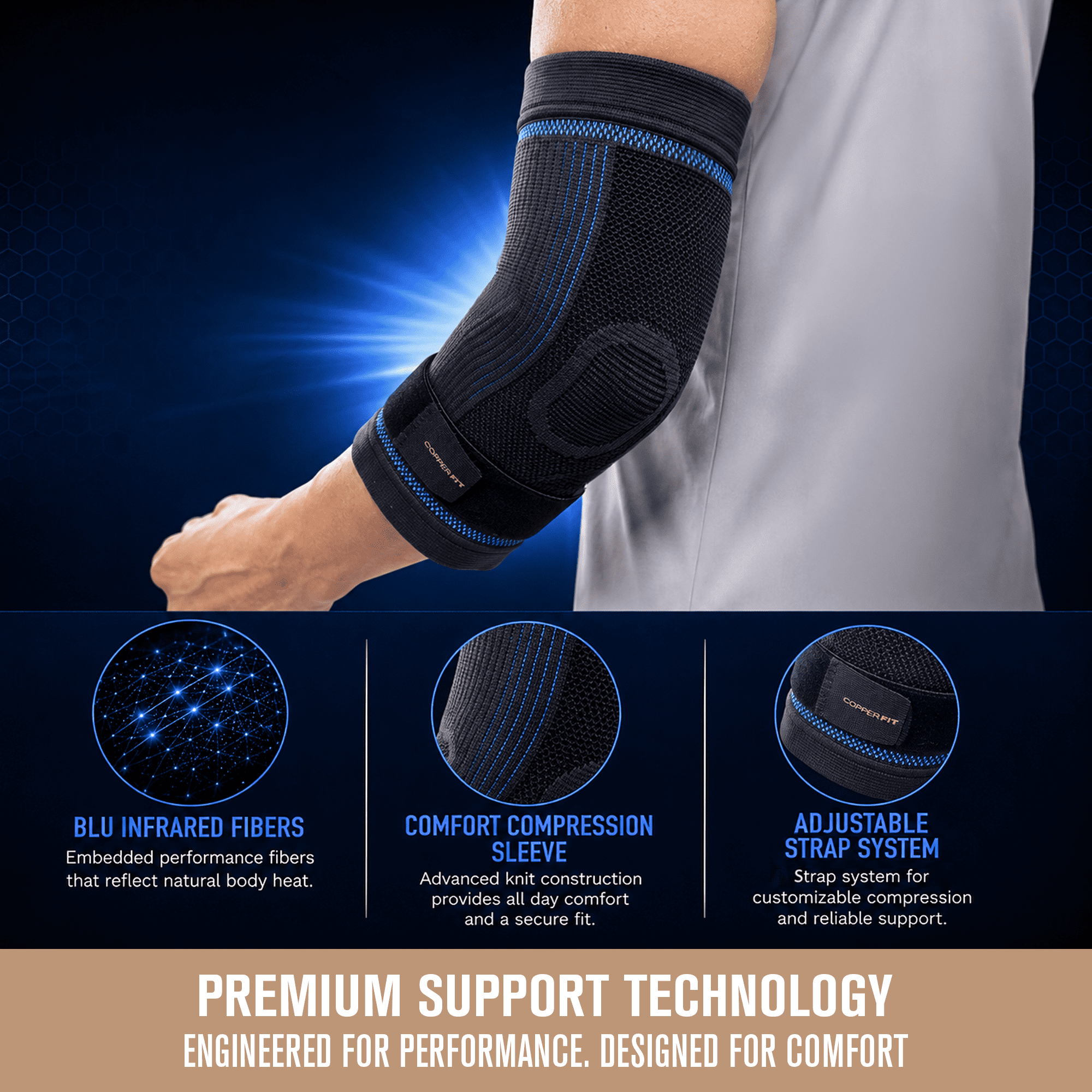 Copper Fit Dual Action Elbow Compression Sleeve, Supports Tendonitis, Removable Gel Pressure Pad, L/XL