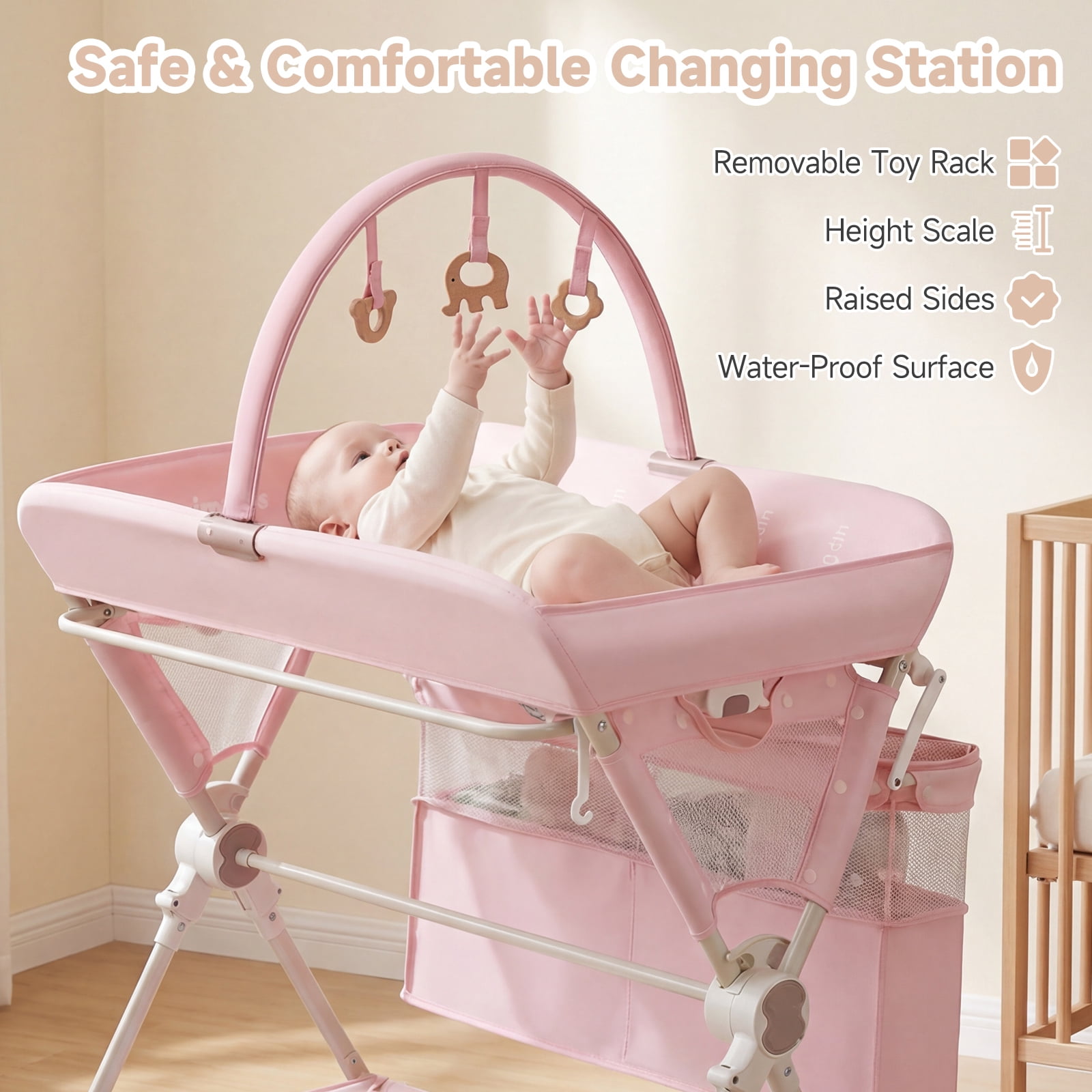 INFANS Portable Baby Changing Table with Wheels, Foldable Diaper Changing Station with Adjustable Heights, Large Organizer Storage for Newborn Infant