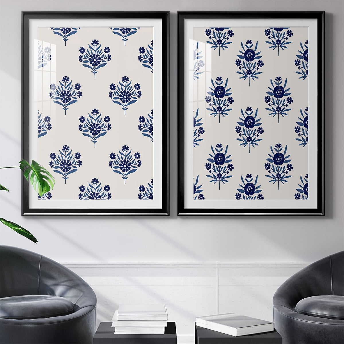 Wexford Home Indigo Bloom Pattern I Premium Framed Print, 18.5" x 24.5" - Ready to Hang, Black (Set of 2)
