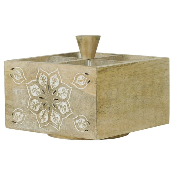 Mela Artisans Spinning Wooden Pen Holder - Serena Whitewash | Pencil Cups for Desktop Organization | Rustic Farmhouse Decor | Elegant Office Desk Accessories | 4 Storage Compartments