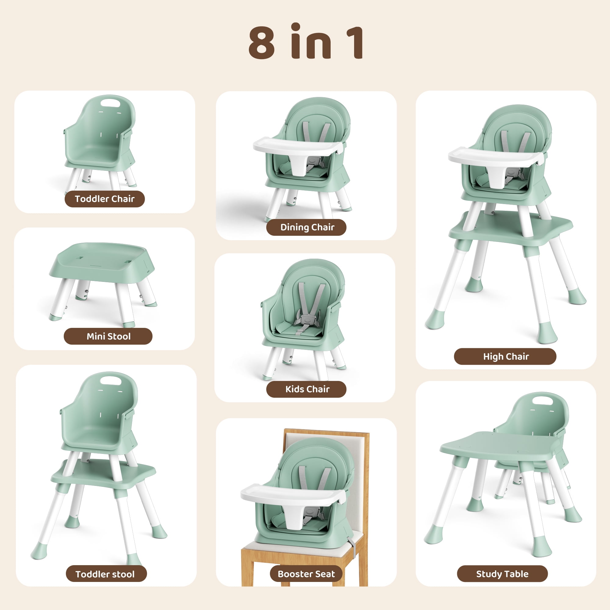 AILEEKISS 8-in-1 Baby High Chair, Toddler Booster Seat with Dishwasher-Safe Tray, Green
