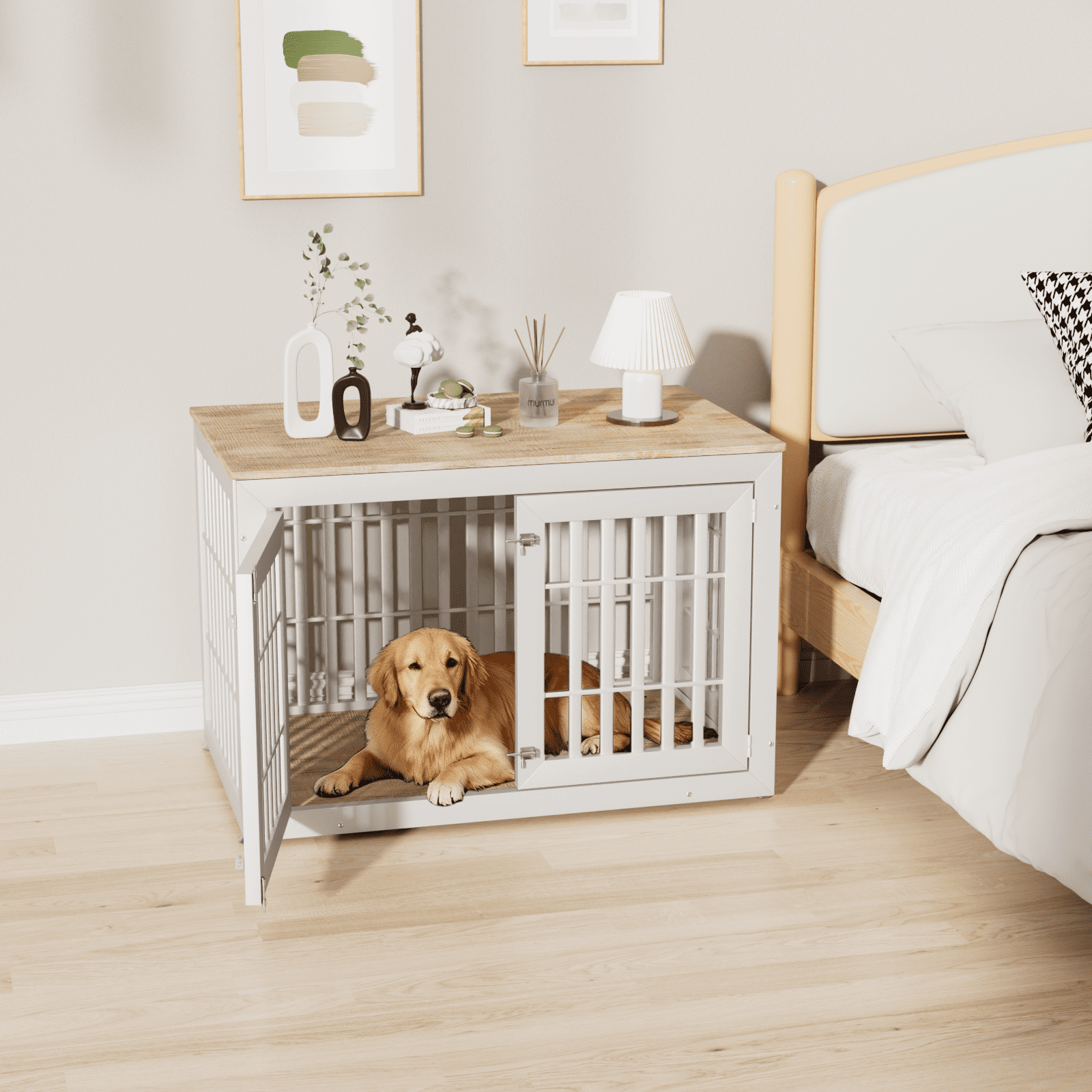Snuowu 48" Heavy Duty Dog Crate Furniture for Small,Medium and Large Dogs,Rustic Wooden Dog Cage Kennel Indoor Furniture with Waterproof Top,Decorative Pet House Side End Table (White & Wood)