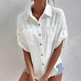 thumbnail image 2 of QLEICOM White V Neck Shirts for Women, Summer Button Down Shirt, Solid Color Lapel Short Sleeve Blouse, Casual Office Bussiness Shirts Plain Blouses Tops White XXXL, 2 of 5