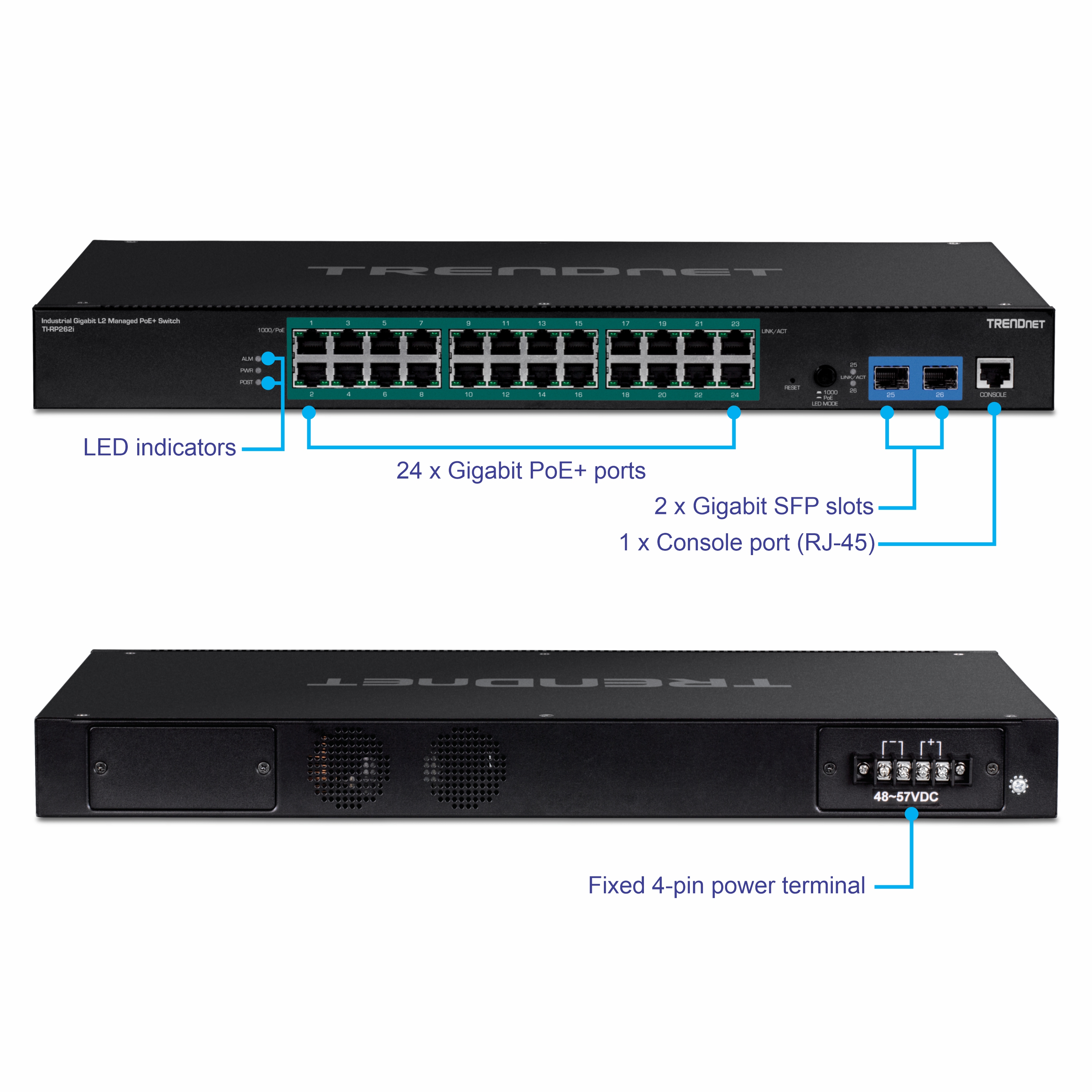 TRENDnet TI-RP262i,26-Port Industrial Gigabit L2 Managed PoE+ Rackmount Network Switch