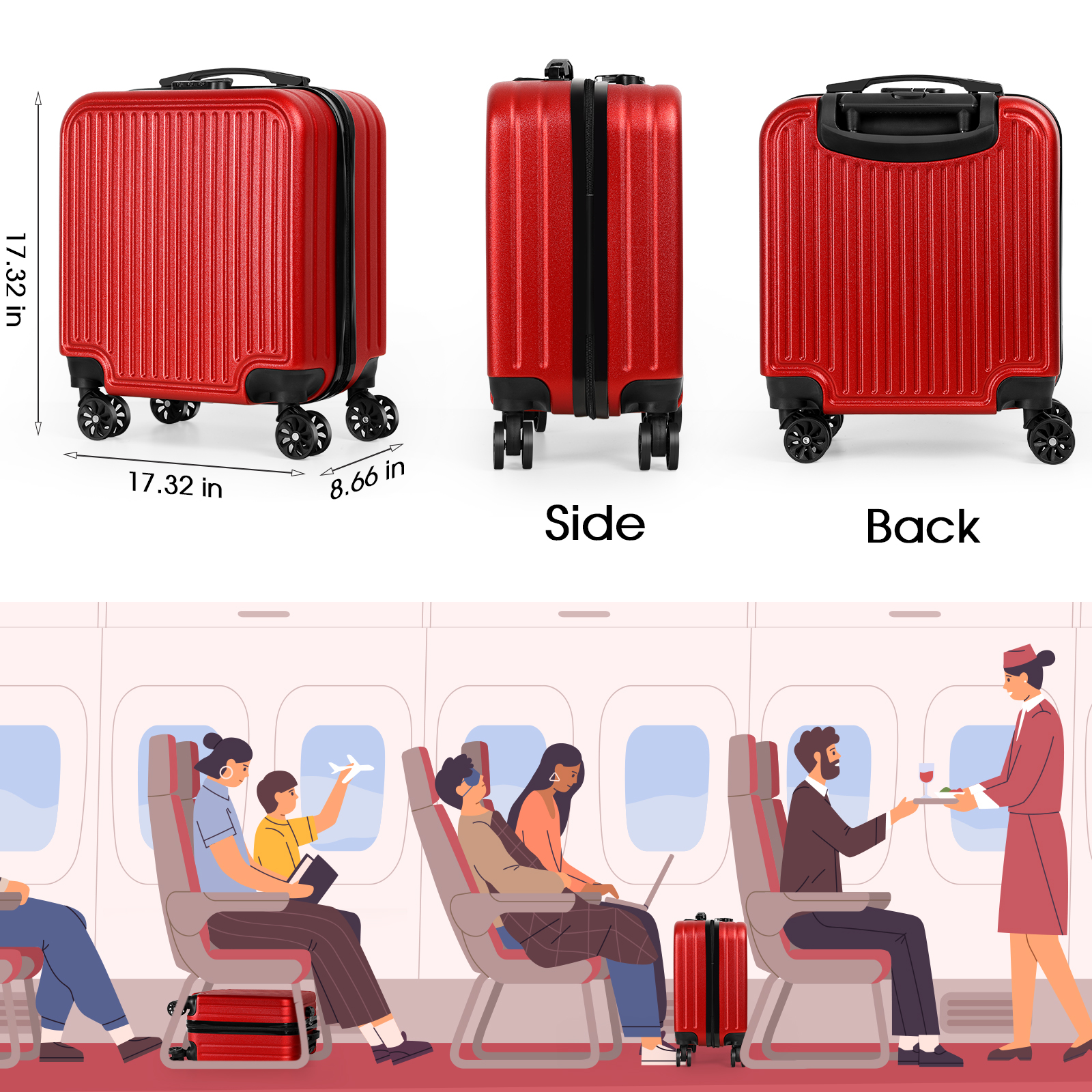OLOV 18 inches Hardside Carry On Luggage, Combination Lock, Red