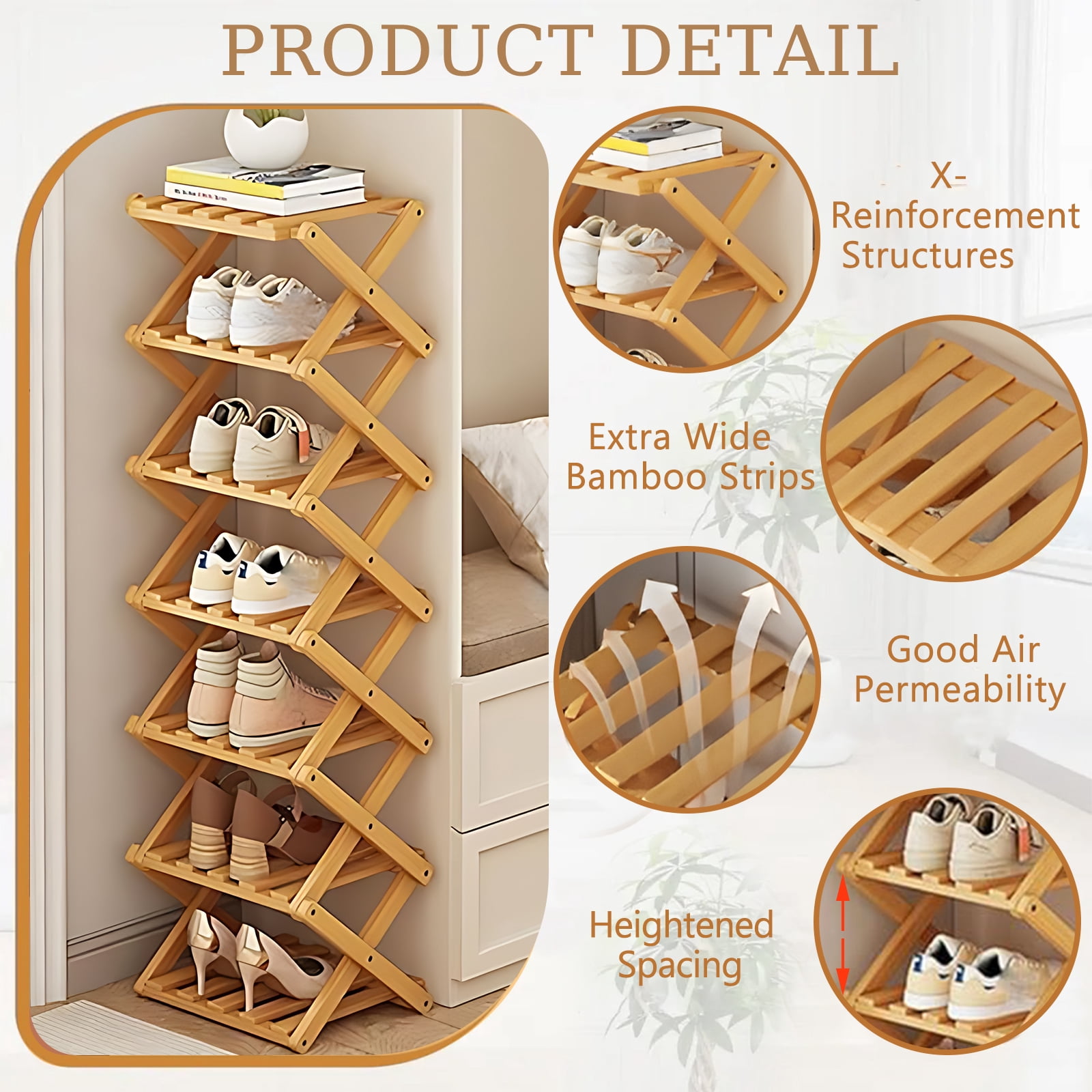 JUANYU Shoes Rack Organizer,Multi Tier Wooden Foldable Storage Rack for Home Shoe Storage with Durable Cross Structure,7-Tier,Natural