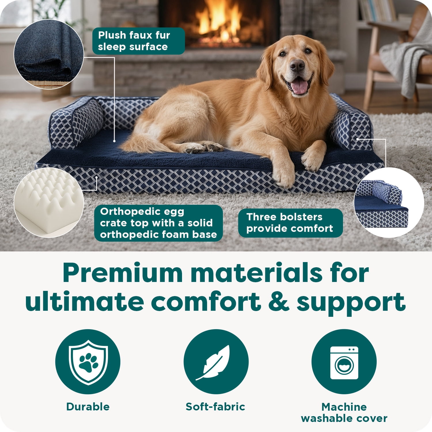 FurHaven Pet Products Large Plush & Decorator Check Orthopedic Comfy Couch Dog Bed, Gray