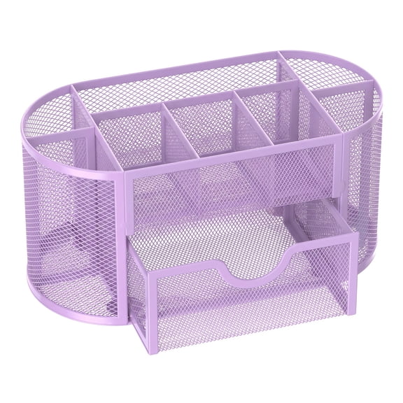 9 Compartments Metal Desk Organizer with Drawer, Pen Holder, 8.6 x 4.3 x 4.1 inch, Purple