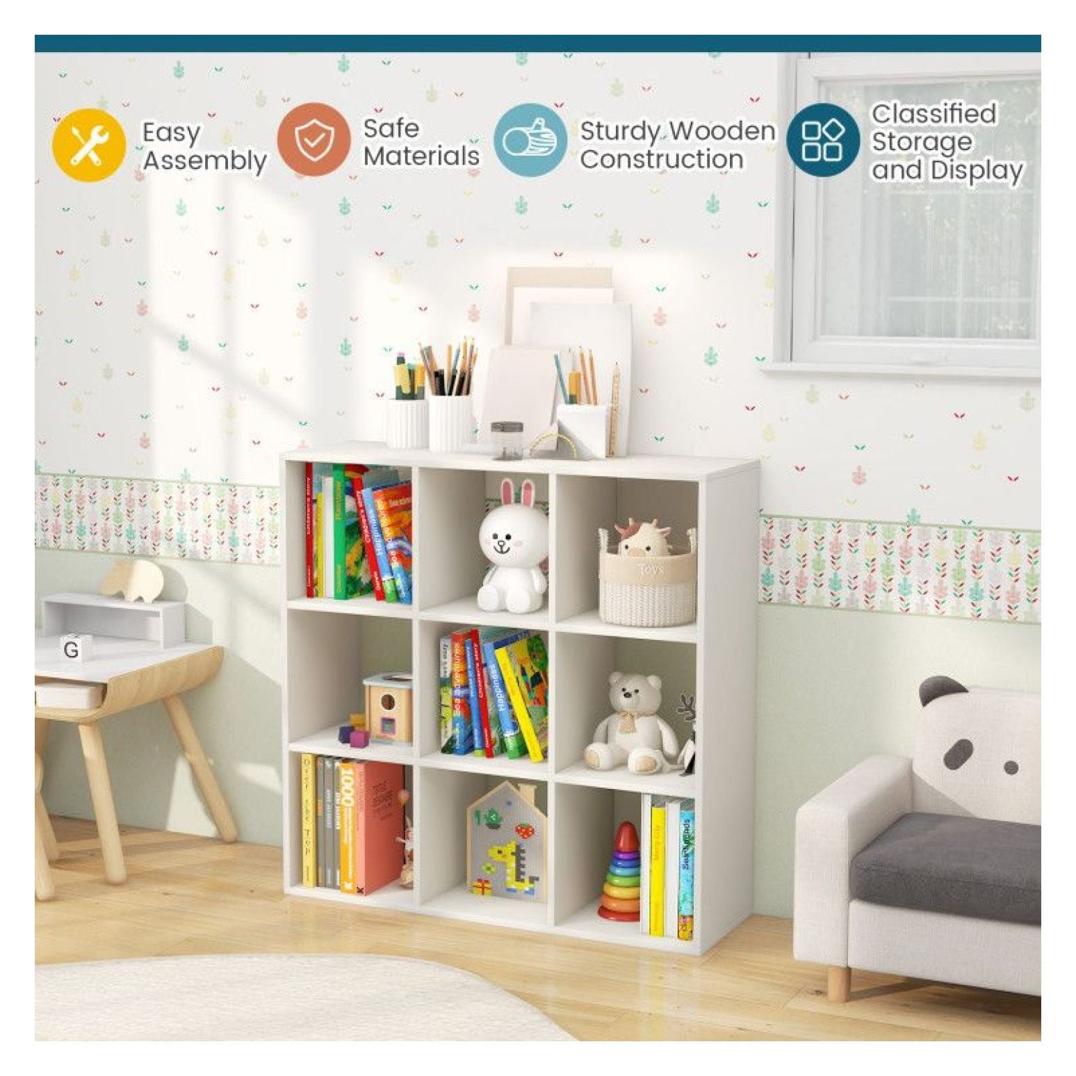 Kids Bookcase with Storage Cubbies, White 9-Cube Organizer, Anti-Toppling & Child-Friendly Design for Toys, Books, Clothes - Bedroom, Living Room, Kindergarten