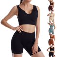 thumbnail image 2 of Coofit Workout Outfit Set 2-Piece Quick-drying Ribbed Crop Top Yoga Shorts for Women, 2 of 10