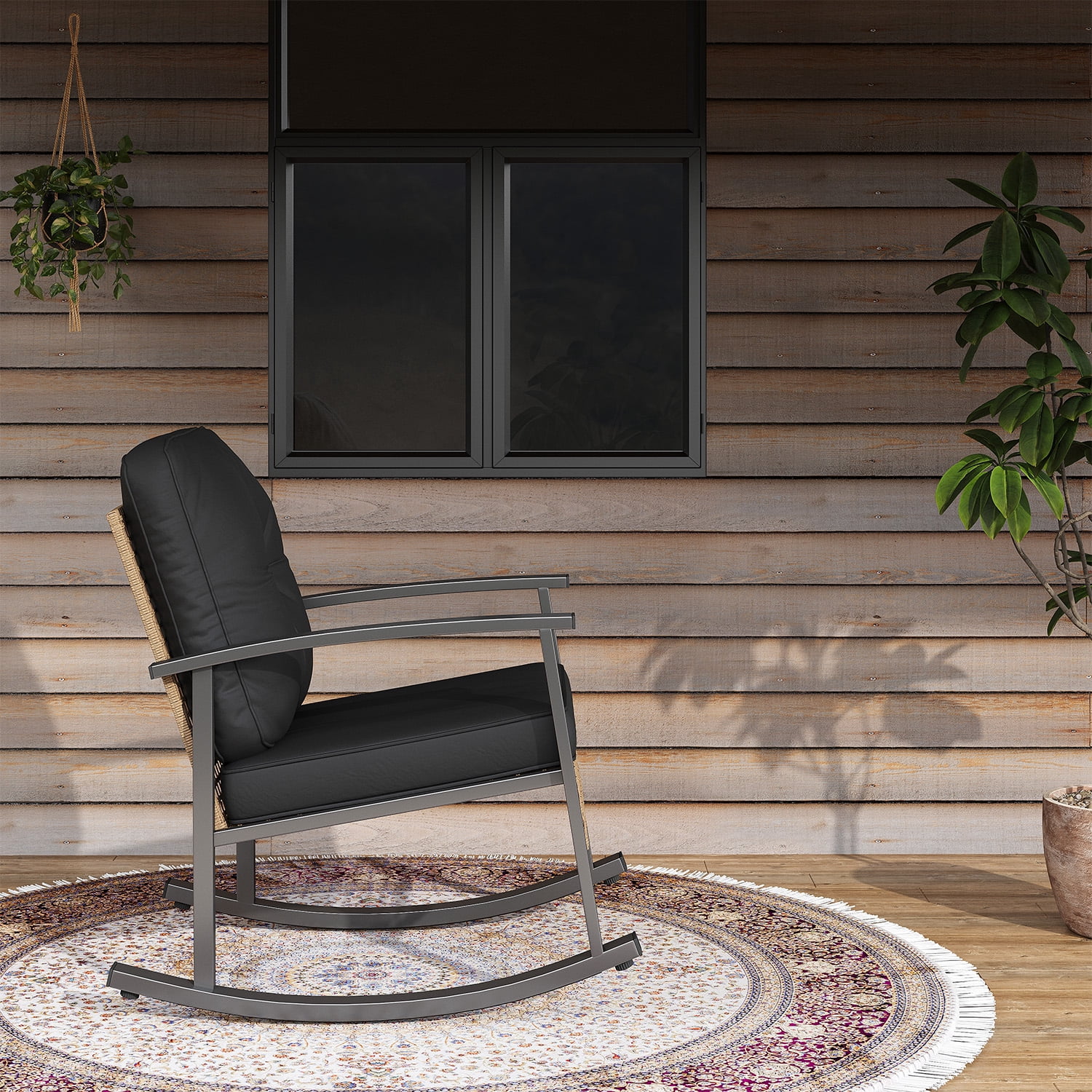 BaPiPro 3-Piece Outdoor Rocking Chair Set, All-Weather PE Wicker Patio Furniture with Water-Resistant Cushions, Rust-Proof Steel Frame, 2-Tier Coffee Table, for Porch Backyard, Black