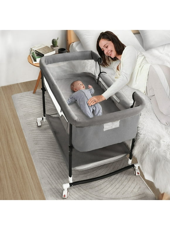 Baby Bassinet, Adjustable Infant Bedside Crib Beds with Changing Table, Storage Basket, Wheel, Mosquito Net, for 0-24 Months, Gray