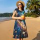 thumbnail image 4 of Easygdp Colorful Planet Universe para Vestido Transpirable de Mujer, Vestido Suelto de Manga Corta con Pliegues y Bolsillos para el Verano, 4 of 6