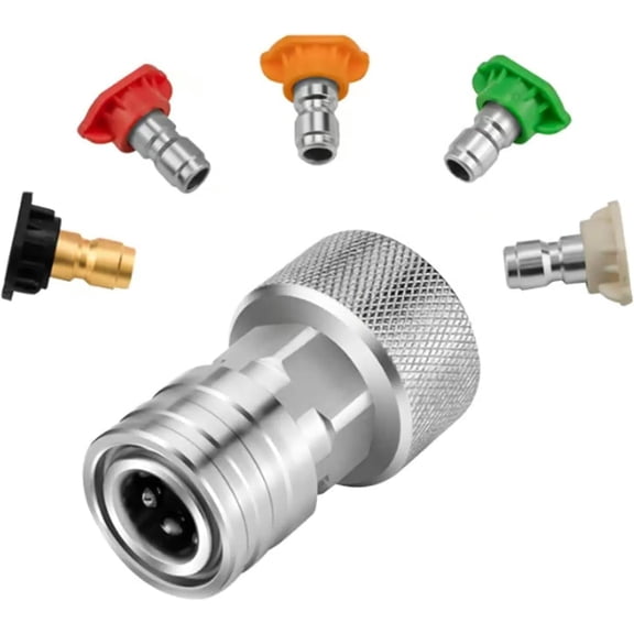Garden Hose to Pressure Washer Adapter - 3/4" GHT to 1/4" Quick Connect, Stainless Steel, Leak-Proof Mini Power Washer Attachment with 5 Nozzle Tips - Outdoor Cleaning Tool