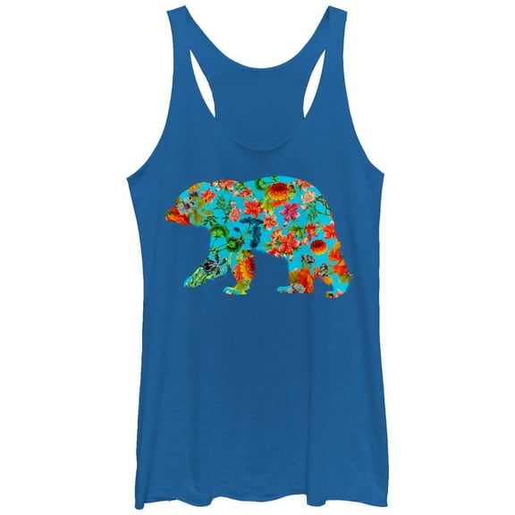 Women's Lost Gods Flower Print Bear Racerback Tank Top Royal Blue Heather Medium