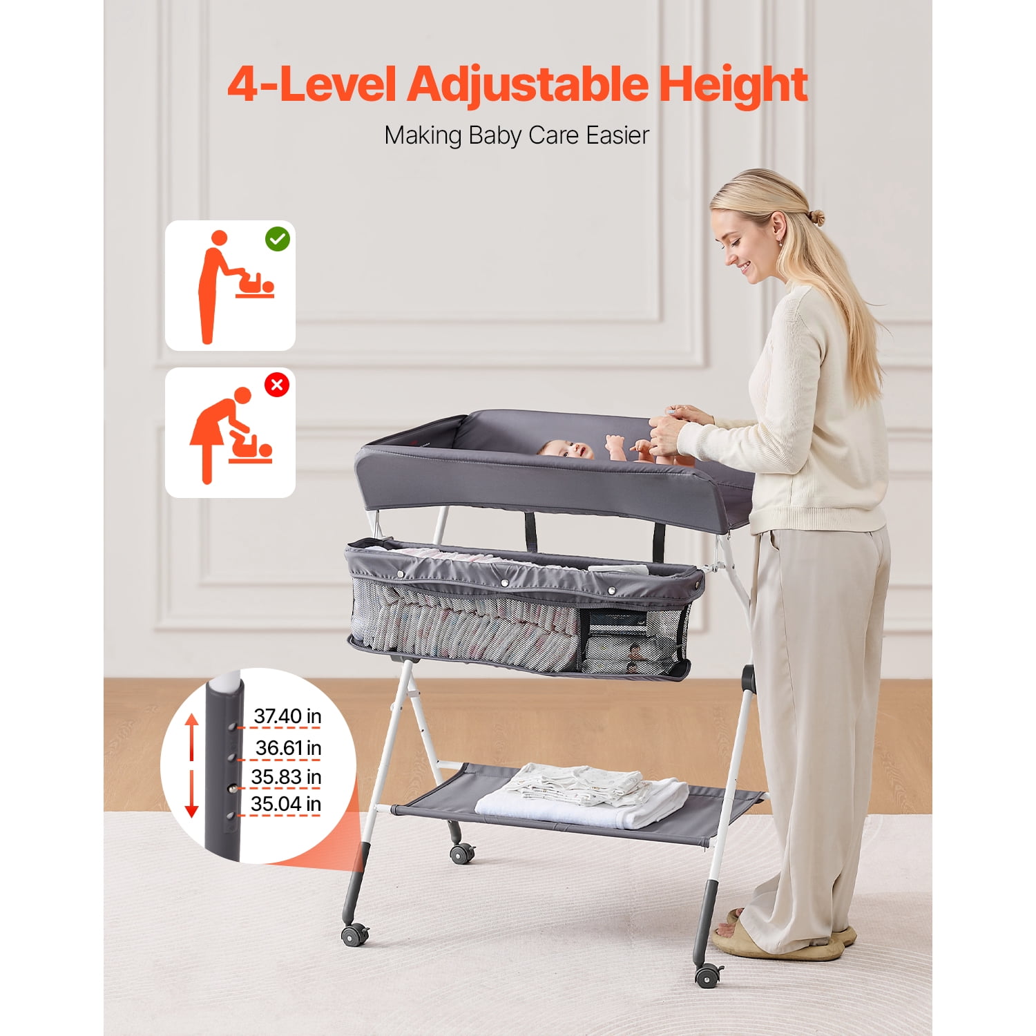 KFFKFF Foldable Baby Changing Table with Adjustable Height, Portable Diaper Station Featuring Side Basket, Lockable Wheels, and Multi-Functional Storage Organizer for Nursery, Dark Gray