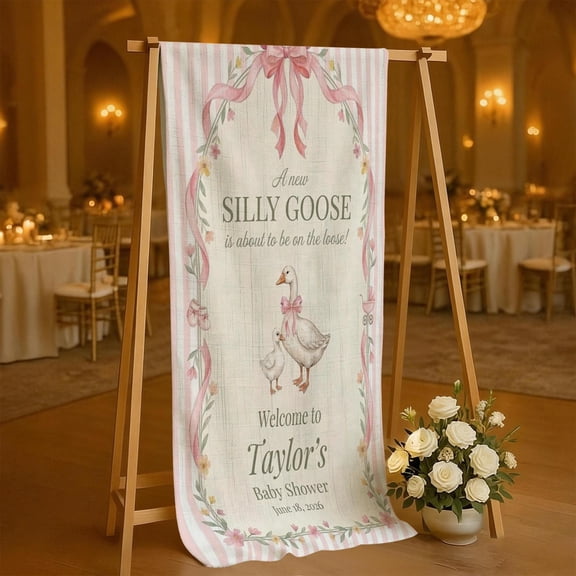 ViciArt Custom Linen Baby Shower Tapestry: Welcome Sign Silly Goose Pink Floral