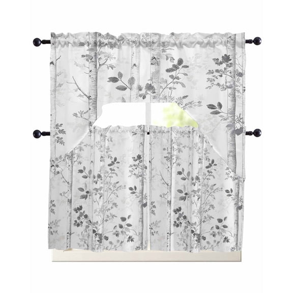 Grey Forest Branches Kitchen Curtains Set for Windows 3 Piece Cafe Curtains 24 Inch Length Swag Curtains Valances and Tier Set Vintage Tree Leaves Drapes for Bedroom Bathroom Living Room