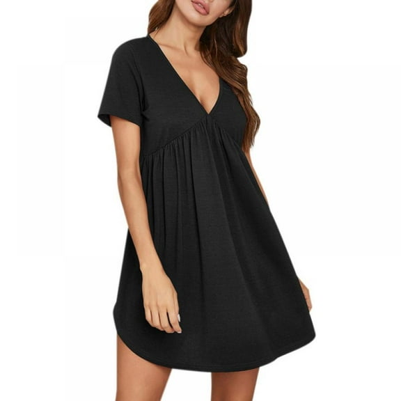 Women's Comfy Nightgown Short Sleeve Sleepwear V Neck Sleep Shirt Pleated Nightshirt S-XXL